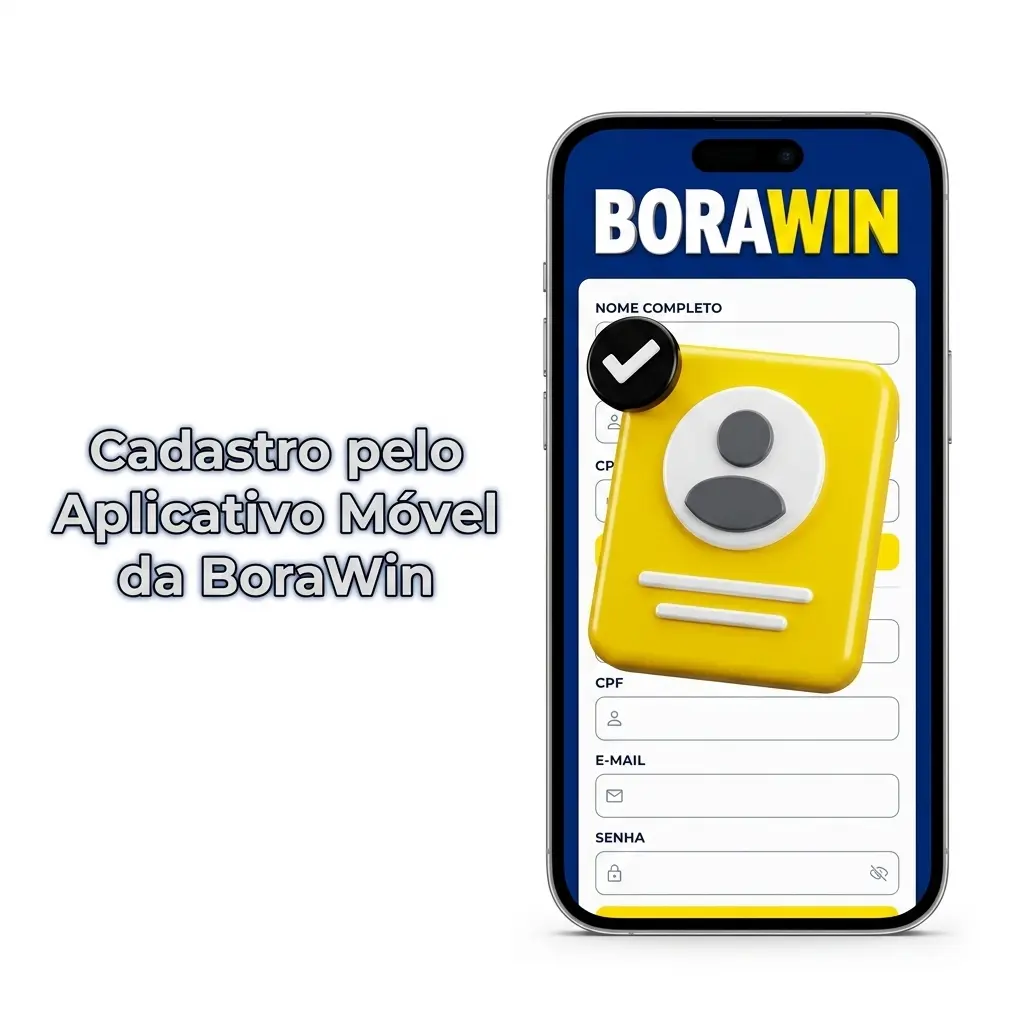 Cadastro pelo aplicativo móvel da BoraWin no celular, com opções por e-mail, celular ou rede social.