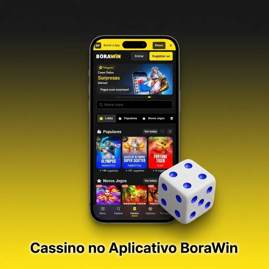 Aplicativo BoraWin com cassino online, caça-níqueis, roleta, blackjack e cassino ao vivo com dealers reais em HD