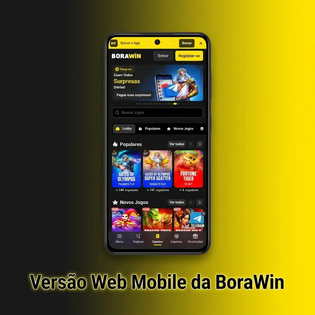 Versão web mobile da BoraWin no navegador do celular, com acesso completo a jogos, depósitos e saques